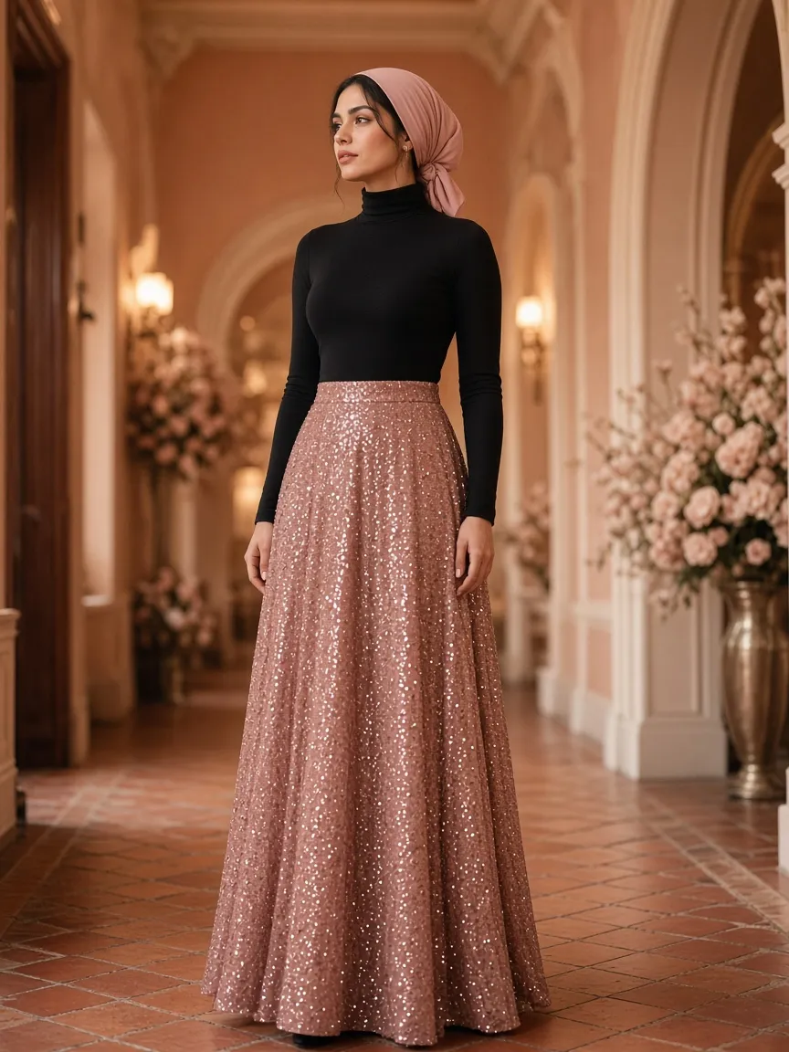 Woman in a wedding hall corridor wearing a blush sequin maxi skirt, a fitted black long-sleeve turtleneck and a blush headscarf
