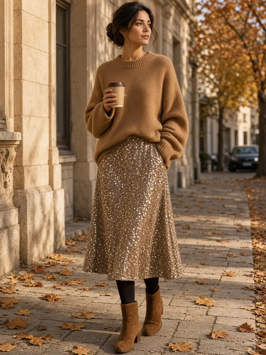 Woman on an autumn street holding a coffee in an oversized camel sweater, a brushed-gold sequin midi skirt, black tights and brown suede ankle boots