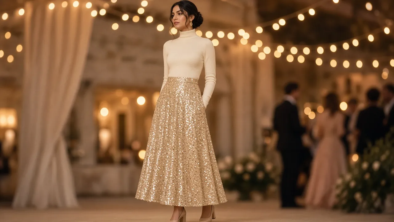 Woman at an evening event under string lights in a cream fine-knit turtleneck tucked into a champagne-gold sequin midi skirt with nude block heels and small gold earrings