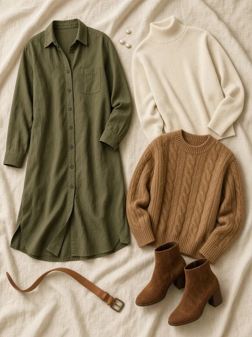 Flat lay of a long olive shirt dress with an ivory turtleneck, a camel cable-knit sweater, a tan leather belt, brown suede ankle boots and pearl studs