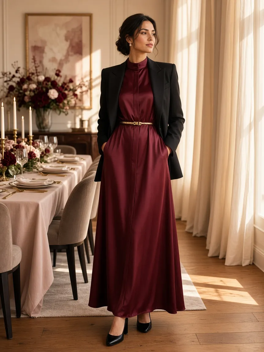 Woman in a dining room set for a holiday meal wearing a long silky burgundy shirt dress with a high collar, thin gold belt, black blazer and black block heels
