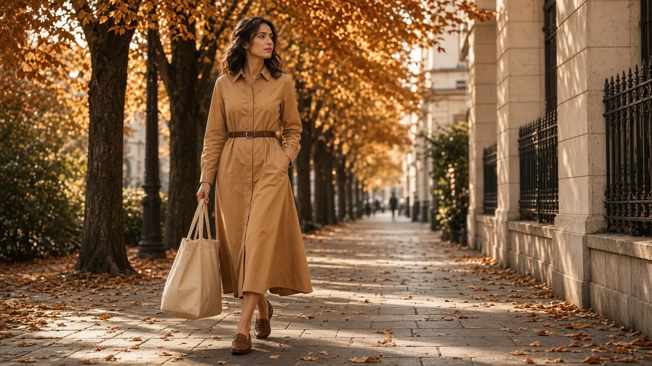 Woman walking on a leafy autumn sidewalk in a long camel shirt dress buttoned to the collar with a brown leather belt, brown loafers and a cream tote