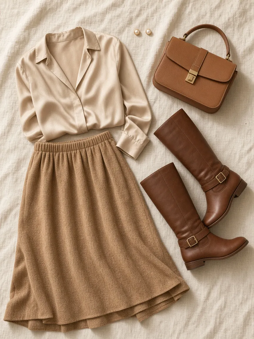 Flat lay of a champagne long-sleeve silk blouse with a camel wool maxi skirt, brown leather knee-high boots, pearl stud earrings and a camel handbag