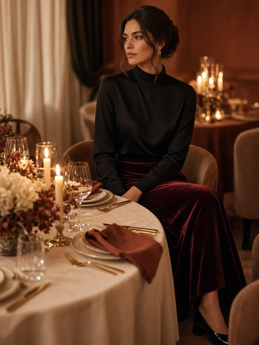 Woman at a candlelit dinner table wearing a black long-sleeve high-neck silk blouse with a burgundy velvet skirt and low black heels