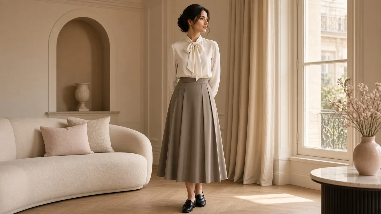 Woman by a sunlit window in an ivory long-sleeve silk bow blouse tucked into a gray pleated midi skirt with black loafers