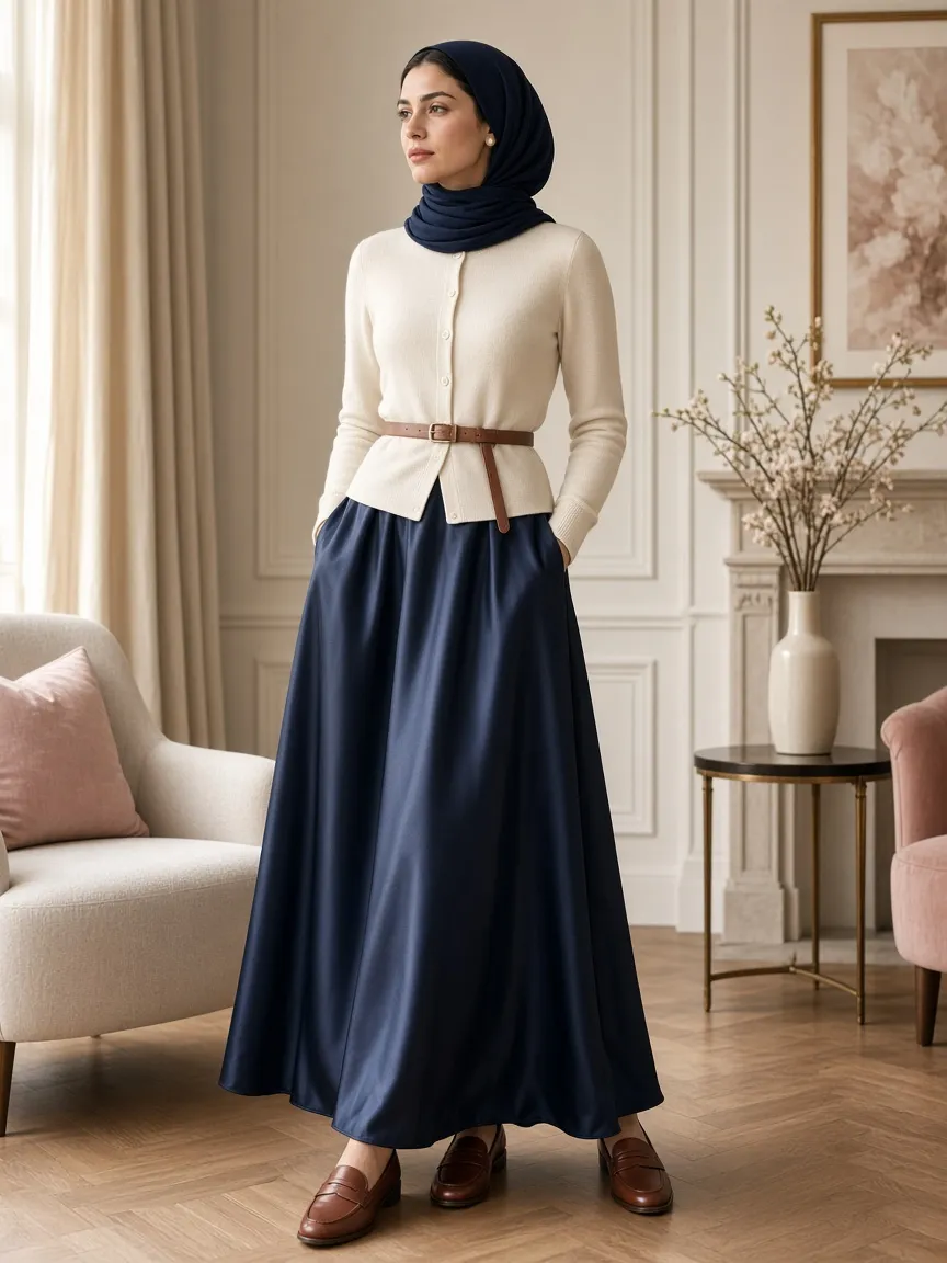 Woman in a cream living room wearing a buttoned cream cardigan belted with a thin tan belt over a navy satin maxi dress, brown loafers and a navy snood