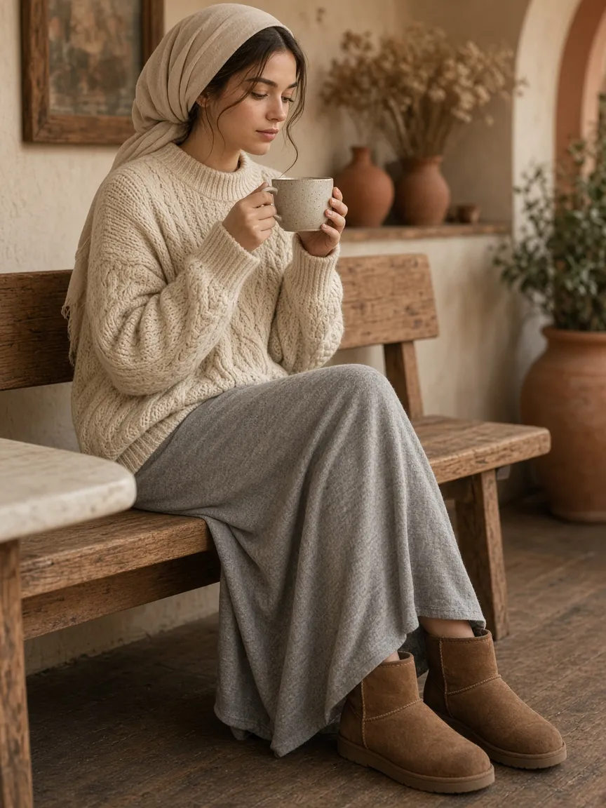 Woman on a cafe bench holding a mug in a chunky oatmeal cable-knit sweater over a long grey jersey dress with brown suede boots and a beige headscarf