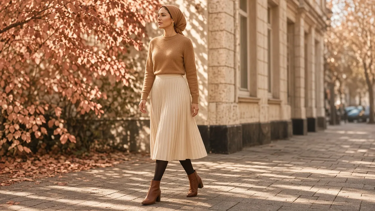 Woman walking on an autumn sidewalk in a camel crew-neck sweater front-tucked into a cream pleated midi dress with black tights, brown ankle boots and a camel headscarf