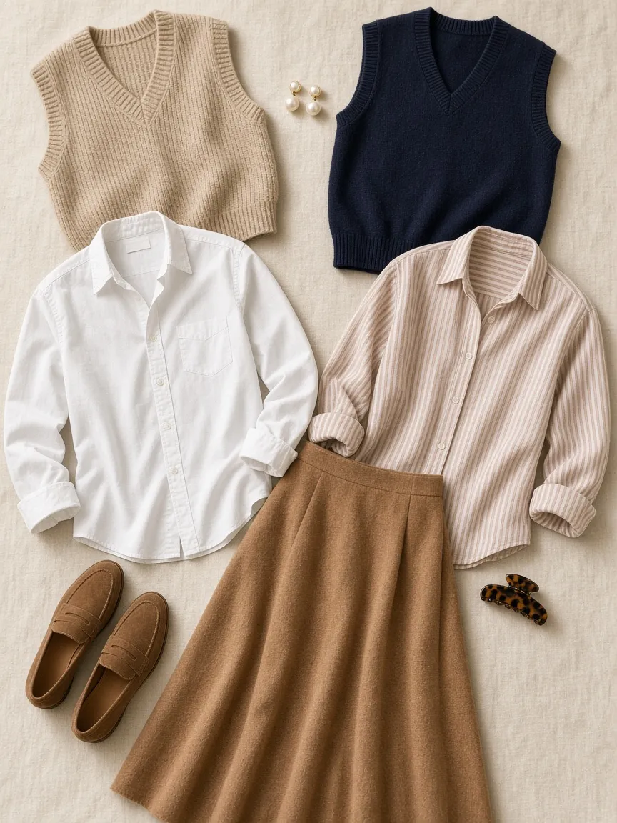 Flat lay of an oatmeal sweater vest and a navy sweater vest with a white button-down shirt, a striped shirt, a long camel wool skirt, brown suede loafers, pearl earrings and a tortoiseshell clip