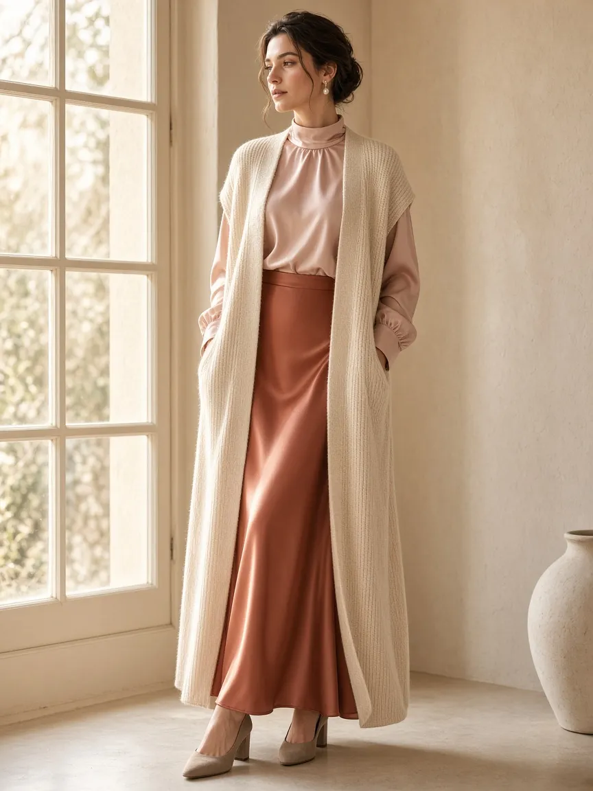 Woman by a sunny window in a long open cream sweater vest over a blush high-neck blouse, a long terracotta satin skirt and taupe block heels