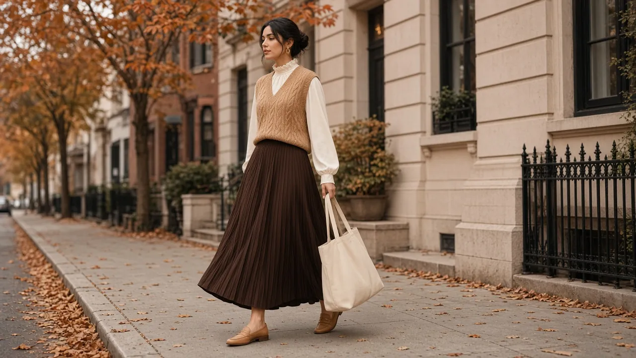 Woman walking on an autumn city street in a camel cable-knit sweater vest over an ivory ruffle-neck blouse, a long chocolate brown pleated skirt, tan loafers and a cream tote