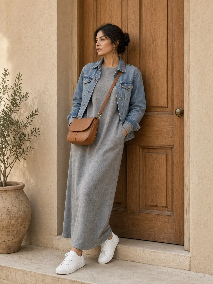 Woman by a front door in a heather gray maxi sweatshirt dress with a denim jacket, white sneakers and a tan crossbody bag