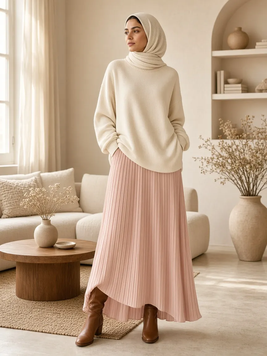 Woman standing in a cream living room in a short cream sweatshirt dress layered over a blush pleated maxi skirt, with a tonal knit headscarf and brown boots