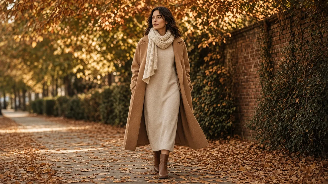 Woman walking along a leafy autumn sidewalk in an oatmeal midi sweatshirt dress, long camel wool coat, brown ankle boots and a cream scarf