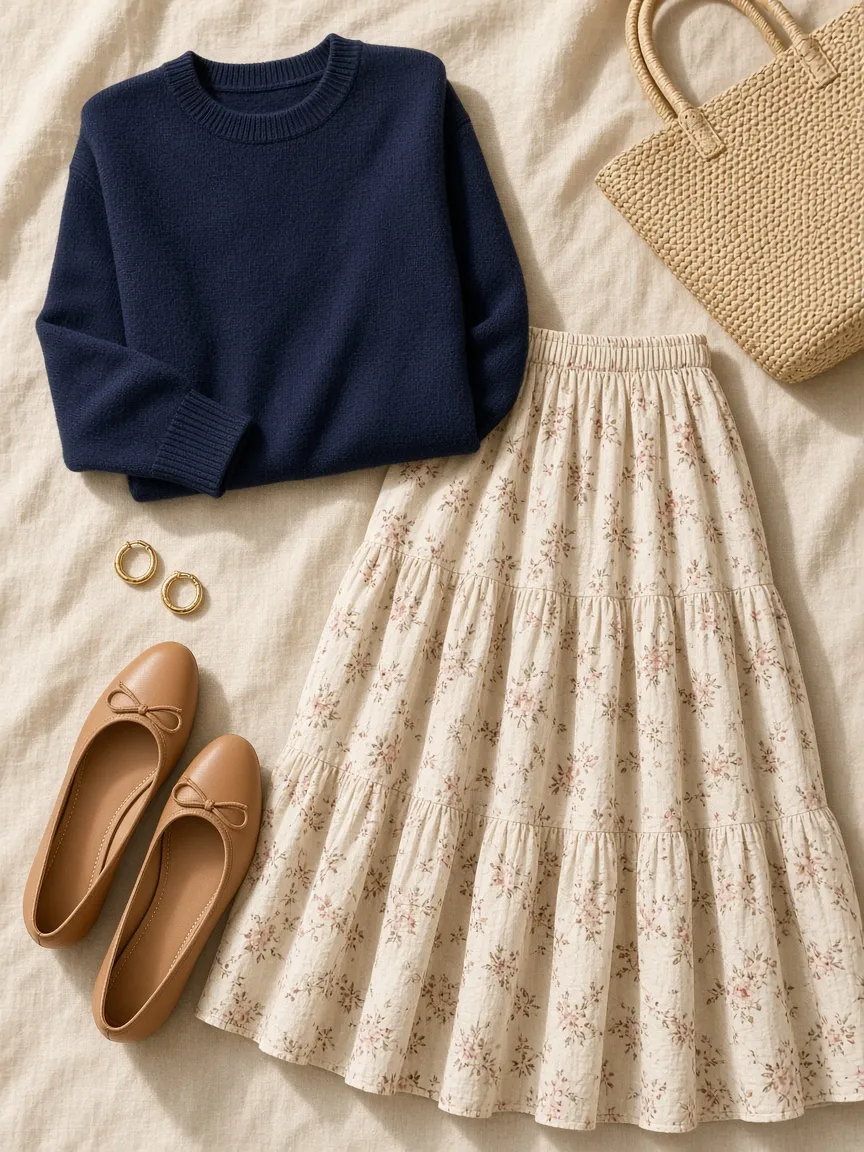 Flat lay of a navy crewneck sweater with a small floral tiered midi skirt, tan ballet flats, gold hoop earrings and a woven tote