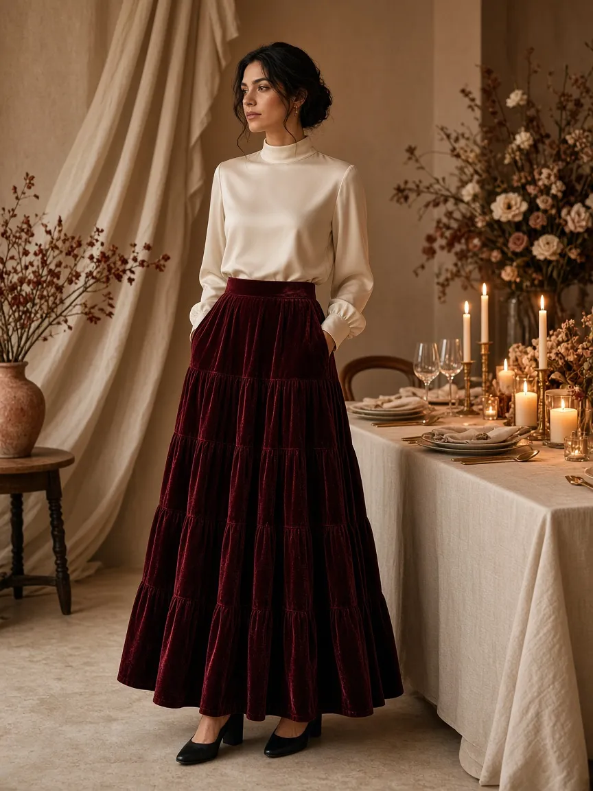 Woman at a festive table in an ivory long-sleeve silk blouse with a burgundy velvet tiered skirt and low block heels