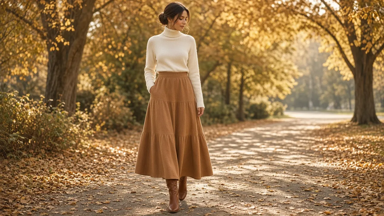 Woman walking on an autumn path in a cream turtleneck tucked into a camel wool tiered maxi skirt with brown knee-high boots