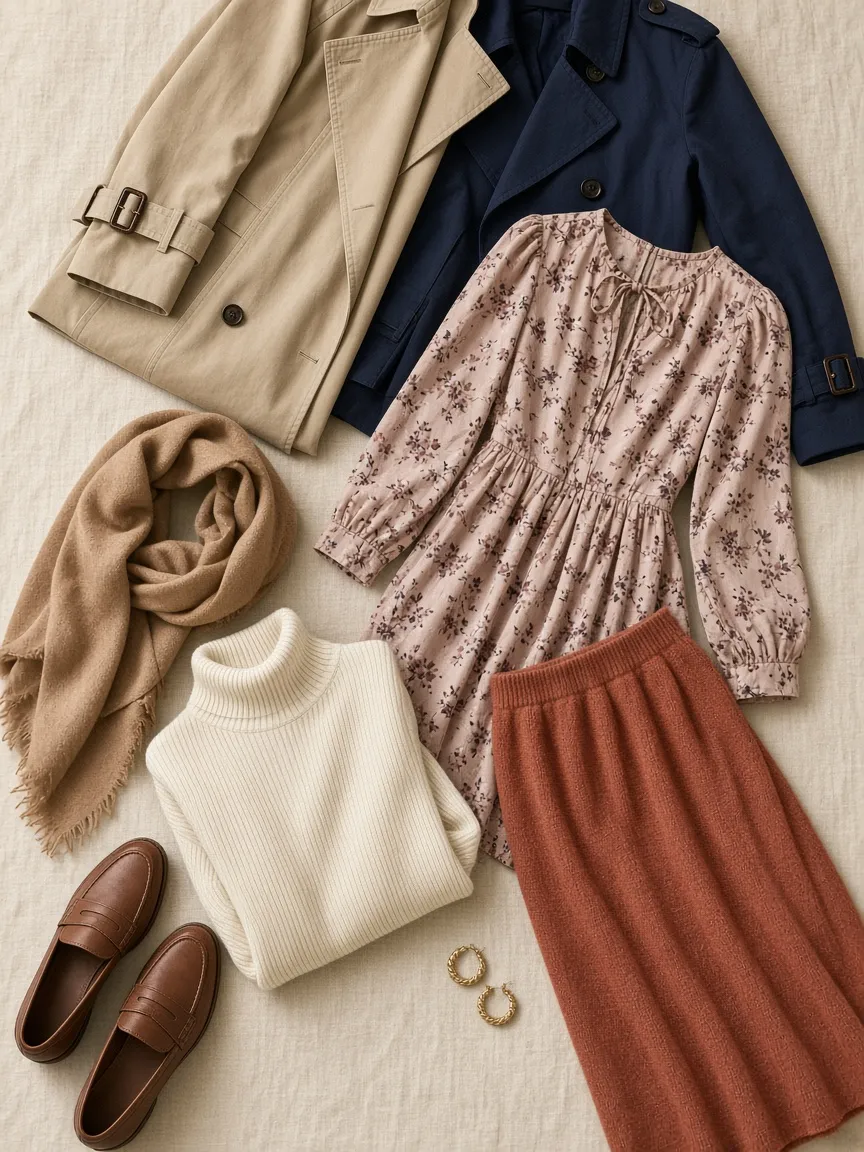Flat lay of a beige trench coat and a navy trench coat with a blush floral long-sleeve dress, terracotta knit skirt, ivory turtleneck, camel scarf, brown loafers and gold hoops