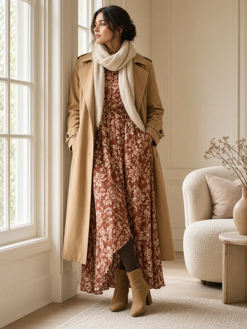 Woman by a window wearing an open camel trench coat over a long-sleeve terracotta floral maxi dress with a cream scarf, opaque tights and tan suede ankle boots