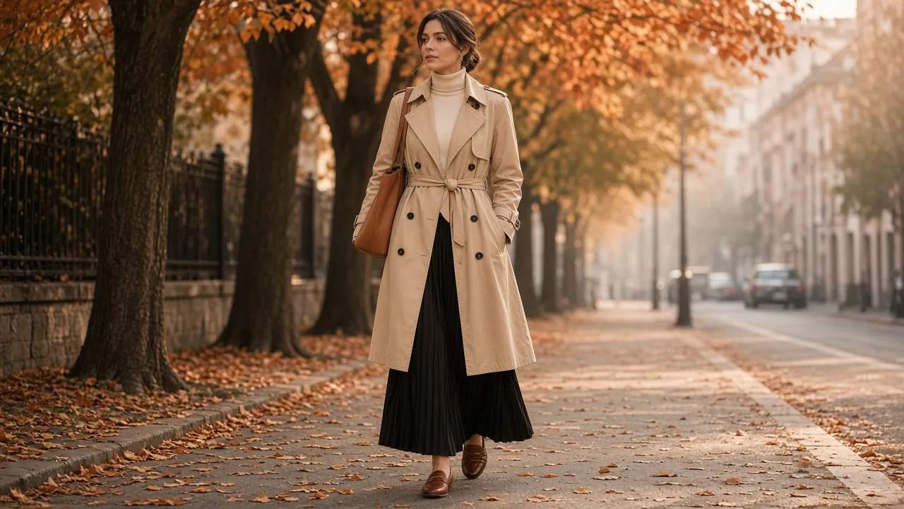 Woman walking on an autumn tree-lined sidewalk in a belted beige trench coat over a cream turtleneck and long black pleated skirt, with brown loafers and a tan leather tote