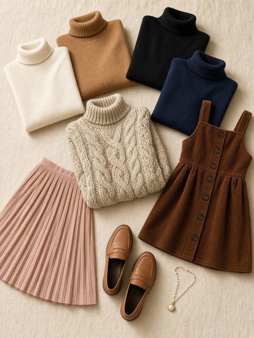 Flat lay of turtlenecks in ivory, camel, black and navy with an oatmeal cable turtleneck, brown corduroy jumper, blush pleated skirt, tan loafers and a pearl pendant