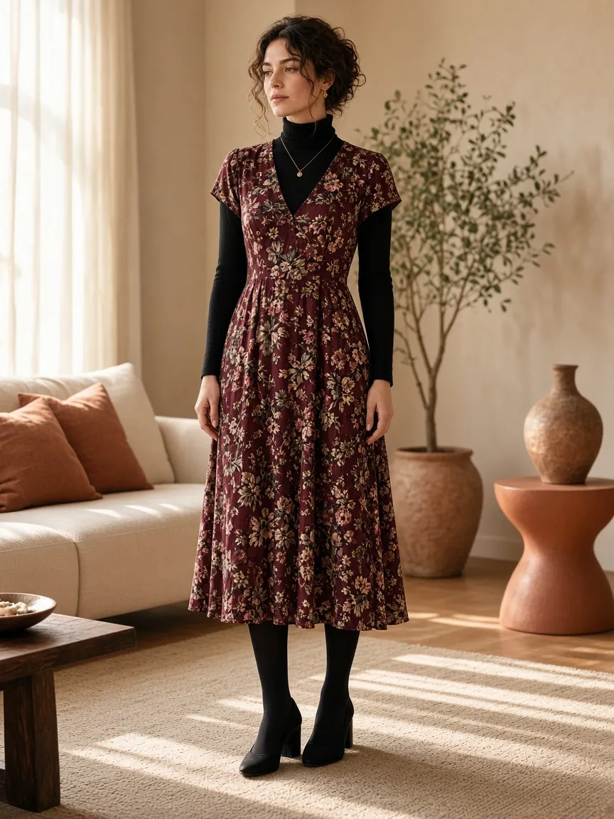 Woman in a living room wearing a black turtleneck under a short-sleeve burgundy floral midi dress with black tights and block-heel pumps