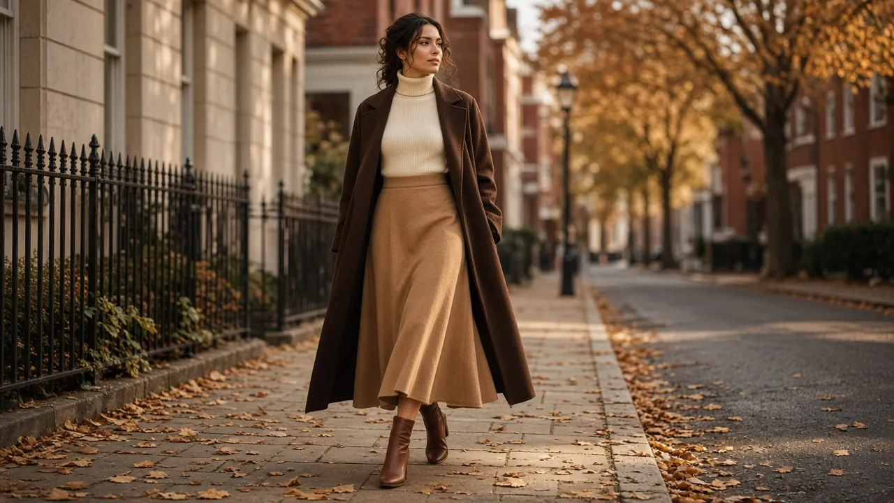 Woman walking on an autumn street in an ivory ribbed turtleneck tucked into a camel wool midi skirt, long brown coat and brown ankle boots
