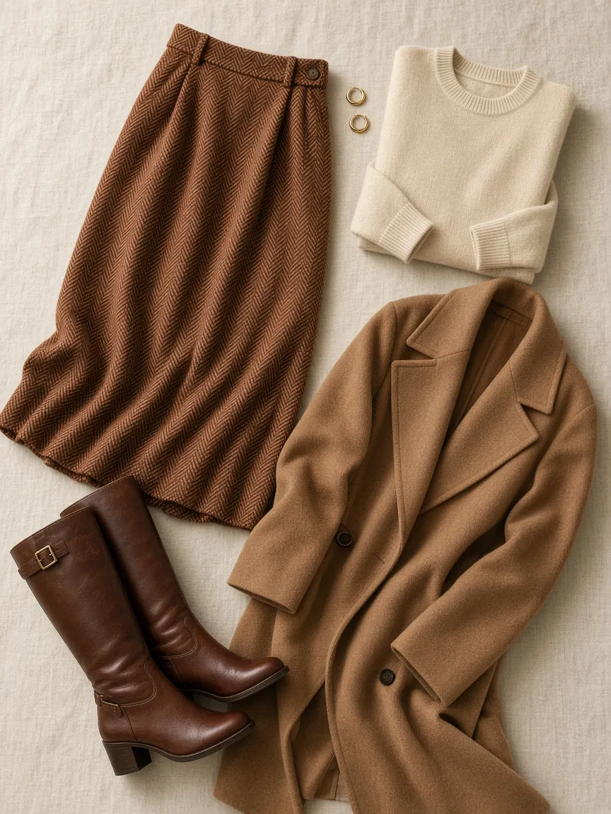 Flat lay of a brown herringbone tweed maxi skirt with a cream cashmere sweater, a long camel coat, brown knee-high boots and gold earrings