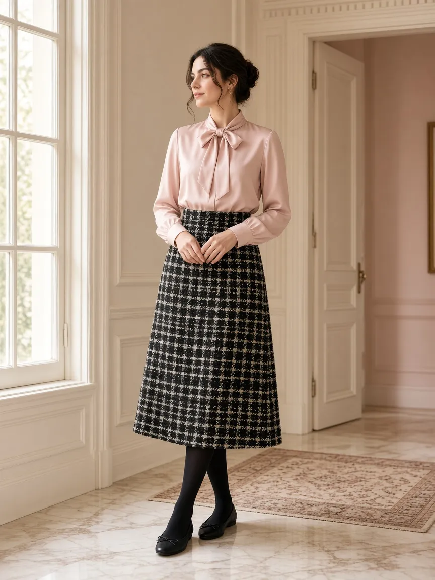 Woman in an elegant entryway wearing a black and ivory boucle midi skirt, a blush long-sleeve bow blouse, black tights and black ballet flats