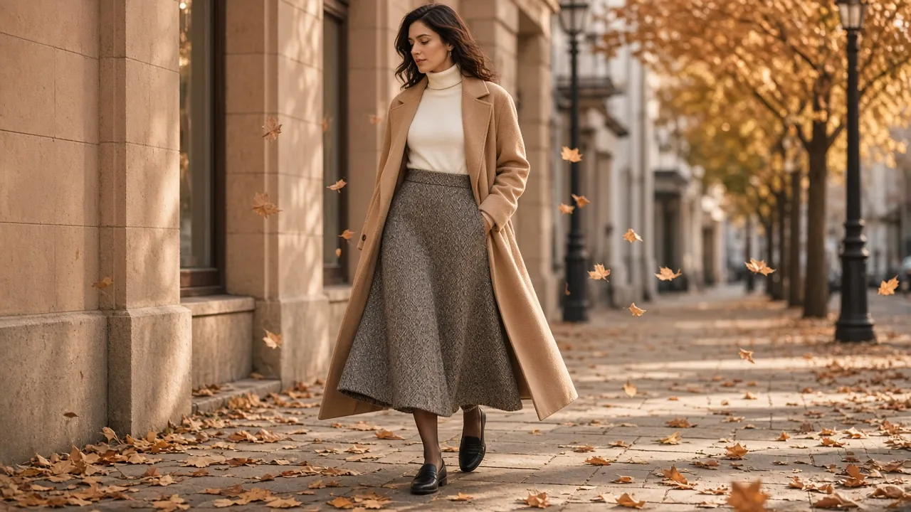 Woman walking along an autumn city street in a gray tweed A-line midi skirt, an ivory fine-knit turtleneck, black loafers and a long camel wool coat
