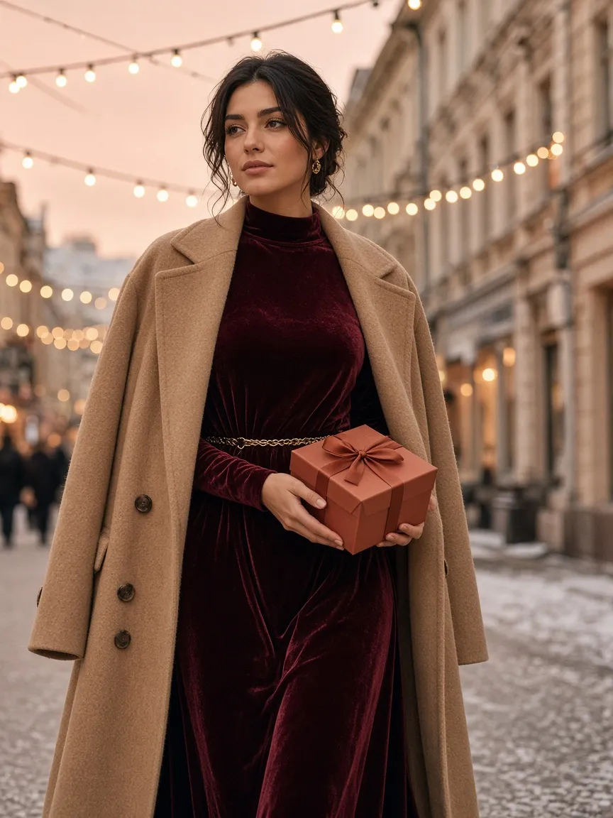 Woman in a burgundy velvet maxi dress with a thin gold chain belt under a long camel wool coat, holding a terracotta gift box on a festive winter street with string lights