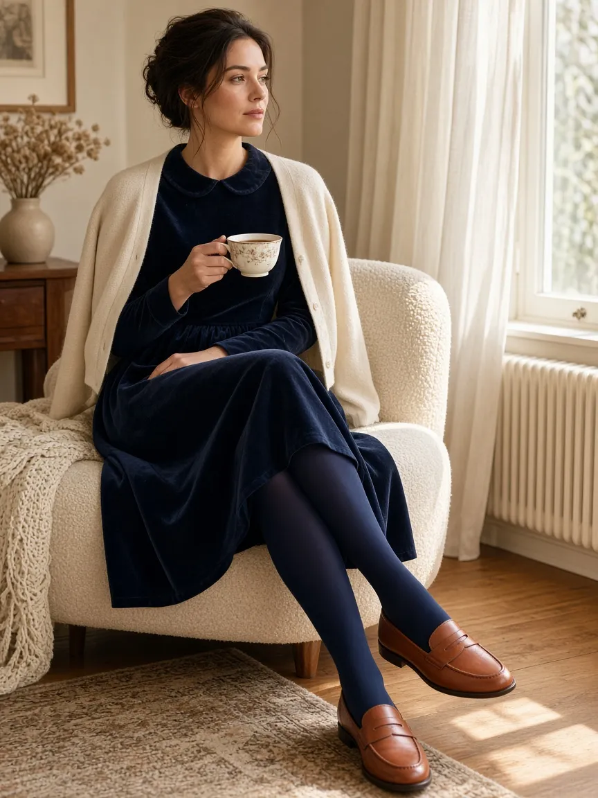 Woman in a navy velvet midi dress with a Peter Pan collar, cream cardigan over her shoulders, navy tights and cognac loafers, seated with tea by a sunny window