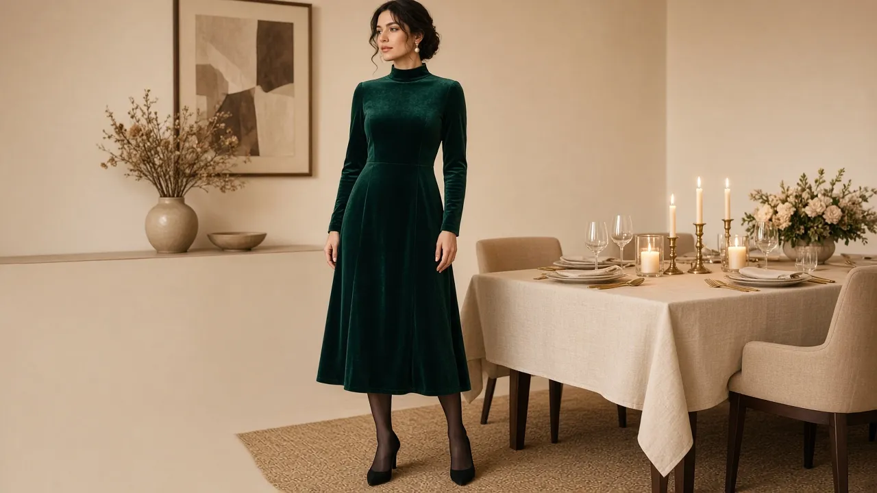 Woman in a deep emerald long-sleeve high-neck velvet midi dress with sheer black tights, black suede pumps and pearl earrings beside a candlelit Friday-night dinner table in a cream room