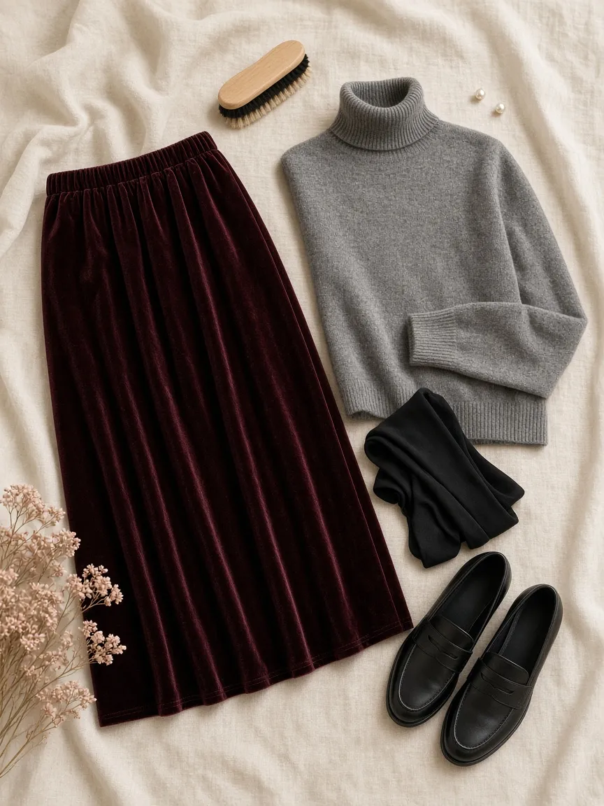 Flat lay of a long burgundy velvet midi skirt with a gray turtleneck sweater, black loafers, black tights, a clothes brush and pearl stud earrings