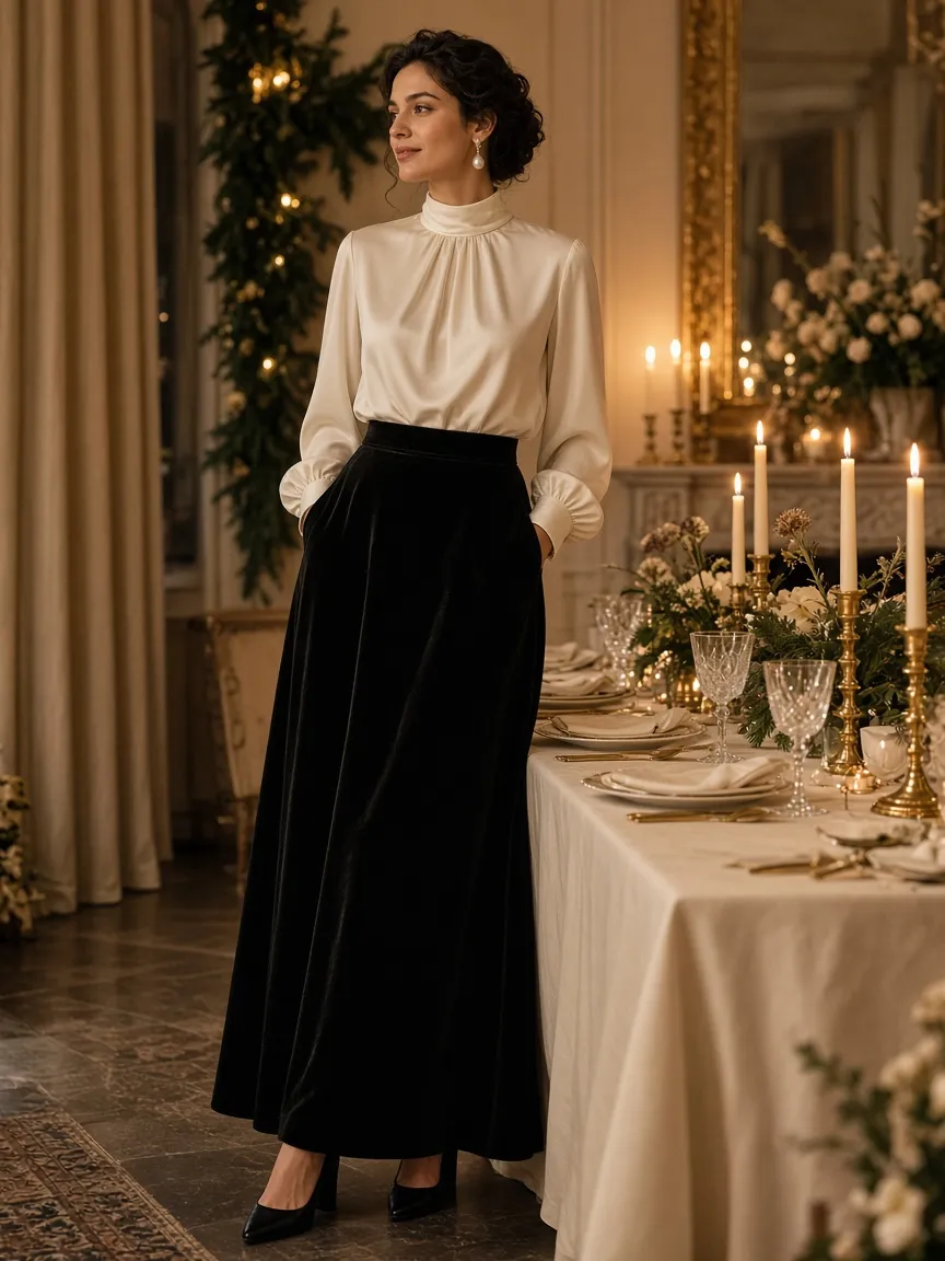 Woman beside a candlelit holiday table wearing a long black velvet maxi skirt, an ivory high-neck silk blouse with long sleeves, pearl drop earrings and black heels