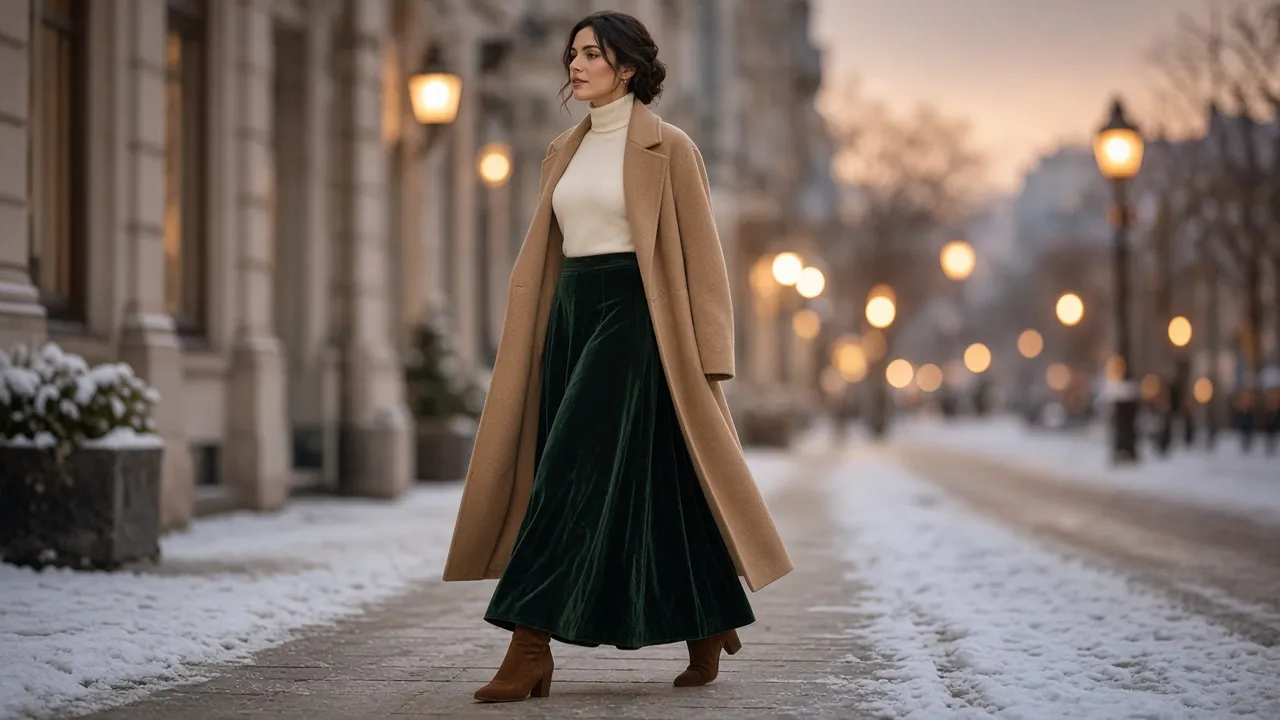 Woman walking on a snowy city street at dusk in a long deep green velvet maxi skirt, a cream turtleneck, a long camel wool coat and brown suede ankle boots