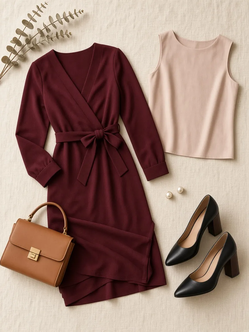 Flat lay of a long-sleeve burgundy crepe wrap dress with a nude sleeveless shell, black block-heel pumps, pearl stud earrings and a camel leather handbag