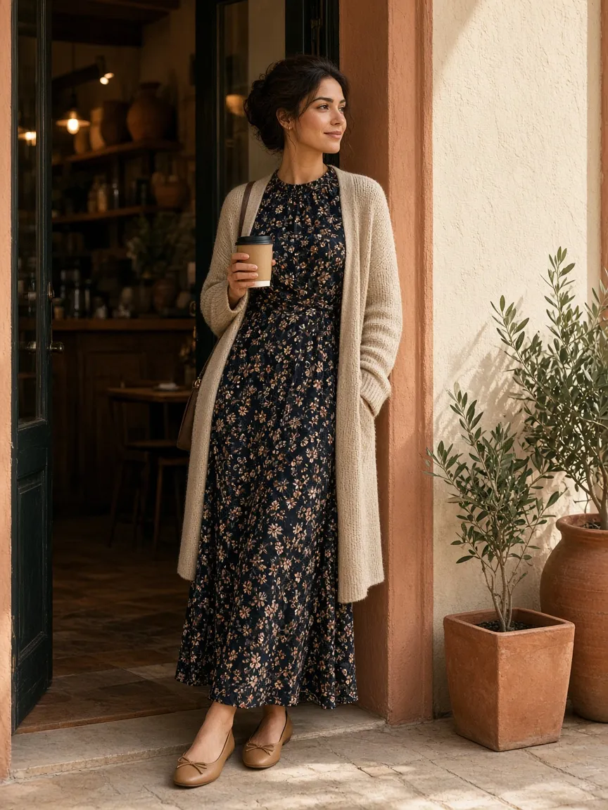 Woman in a cafe doorway wearing a long-sleeve dark floral maxi dress with a high neckline, a long oatmeal knit cardigan and tan ballet flats, holding a coffee