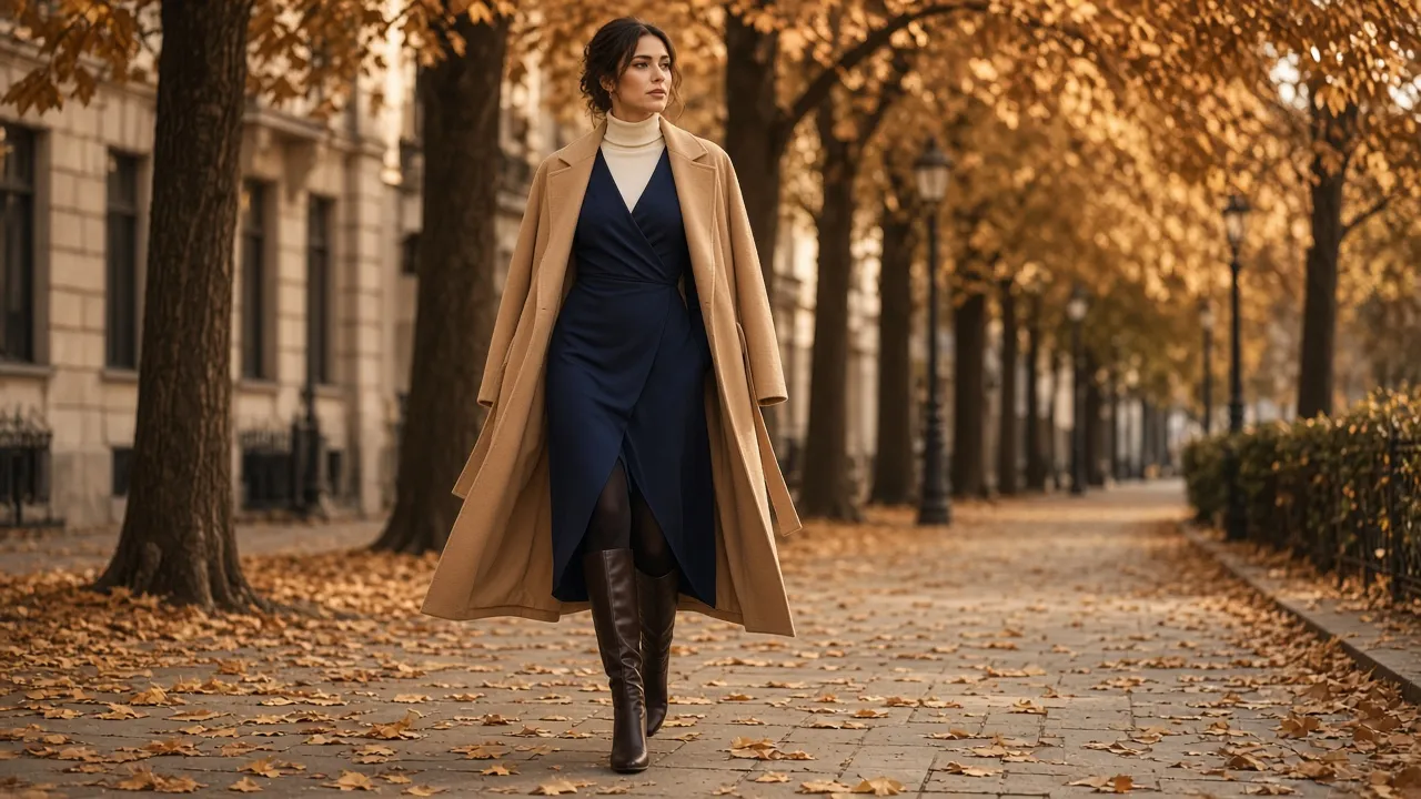 Woman walking on a leafy autumn sidewalk in a long-sleeve navy wrap midi dress over an ivory turtleneck, black tights, brown knee-high boots and a long camel coat