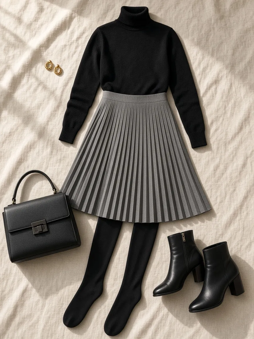 Flat lay of a grey pleated midi skirt, black turtleneck, black opaque tights, black leather block-heel ankle boots and a black handbag