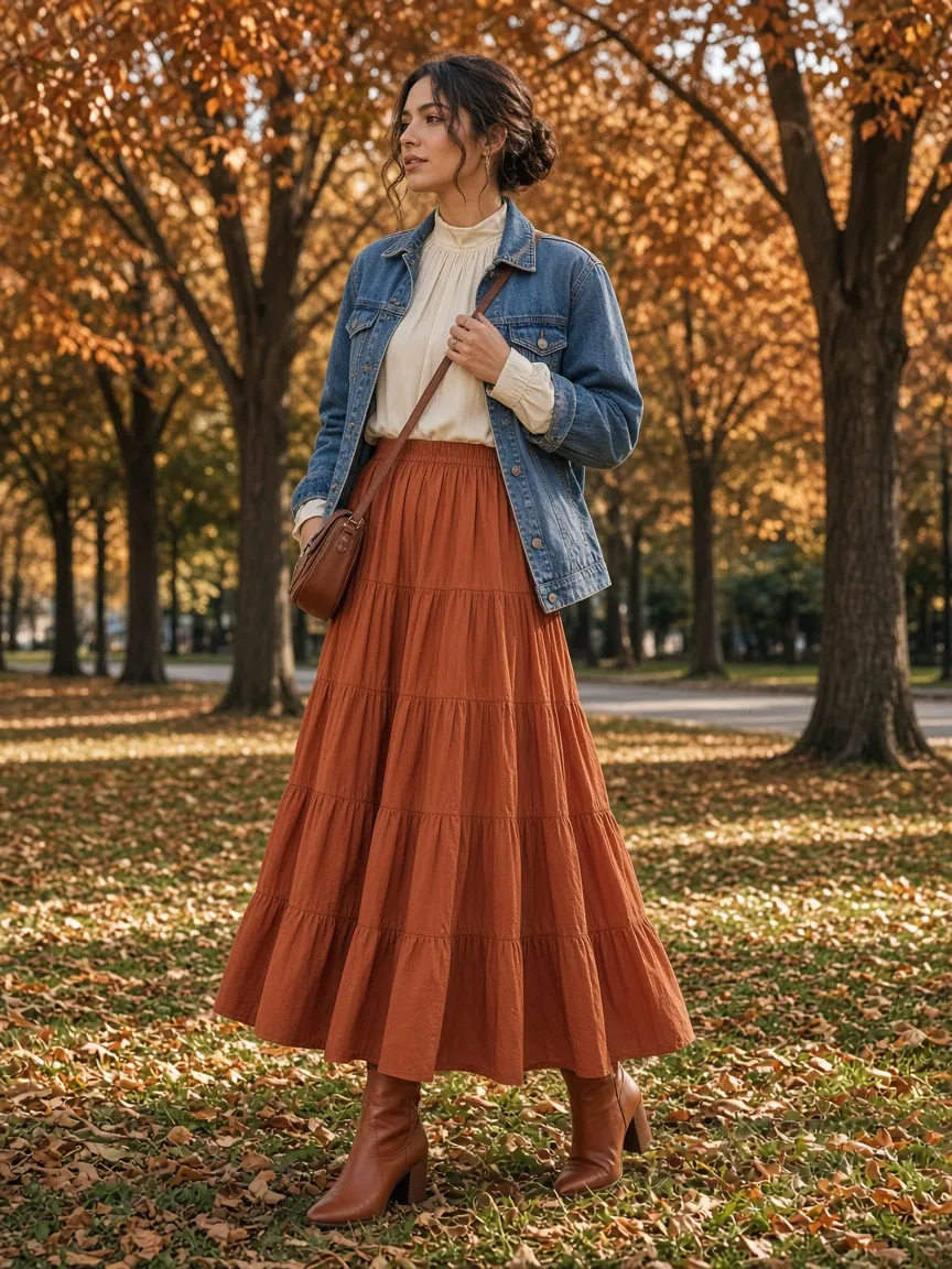 Woman in an autumn park wearing a rust tiered maxi skirt, cream high-neck blouse, denim jacket and cognac leather ankle boots