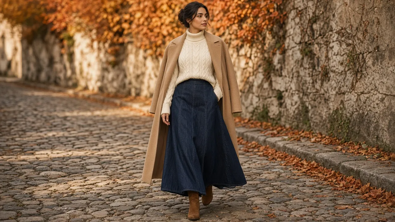 Woman walking on a cobblestone autumn street in a long dark denim maxi skirt, cream cable knit turtleneck, camel coat and brown suede ankle boots
