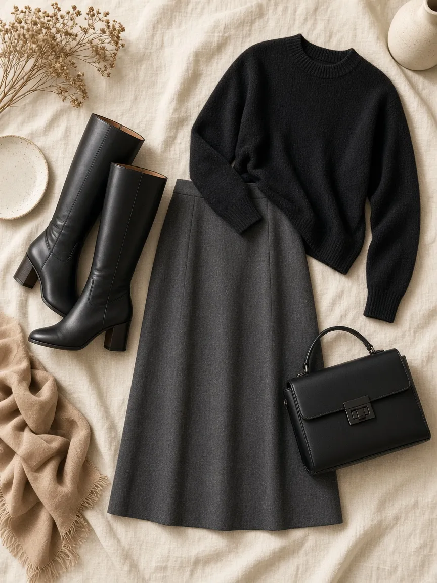 Flat lay of a charcoal midi skirt, black fine-knit sweater, black leather knee-high boots with a low block heel and a black handbag