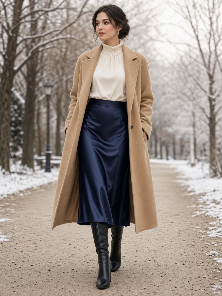 Woman in a winter park wearing a navy satin midi skirt, ivory high-neck blouse, long coat and sleek black leather knee-high boots