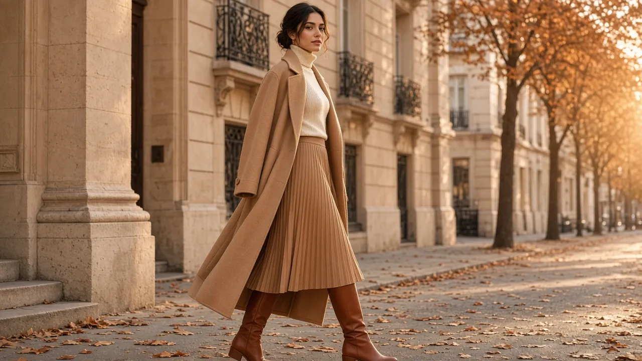 Woman walking down a city street in autumn wearing a camel pleated midi skirt, cream turtleneck, long wool coat and cognac knee-high riding boots