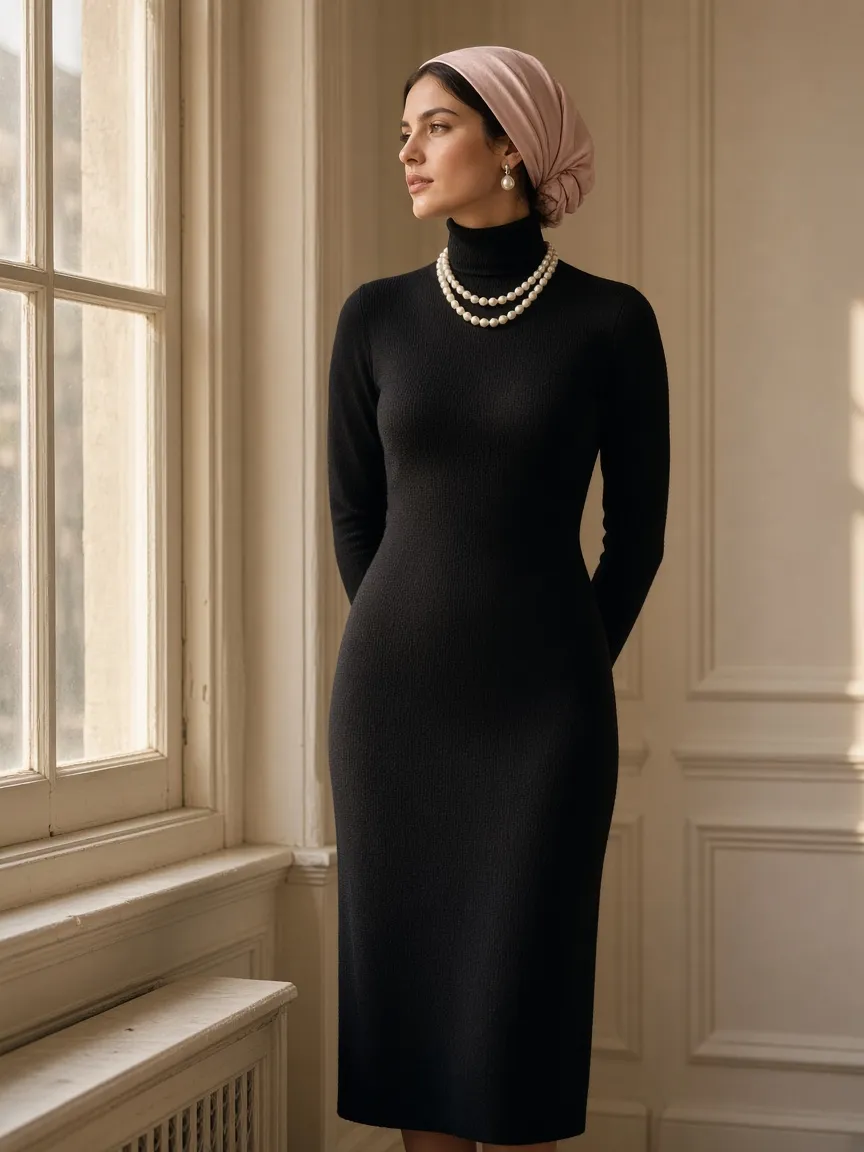 Woman by a window in a blush headscarf, pearl drop earrings and a double strand of pearls over a long-sleeve black turtleneck knit dress