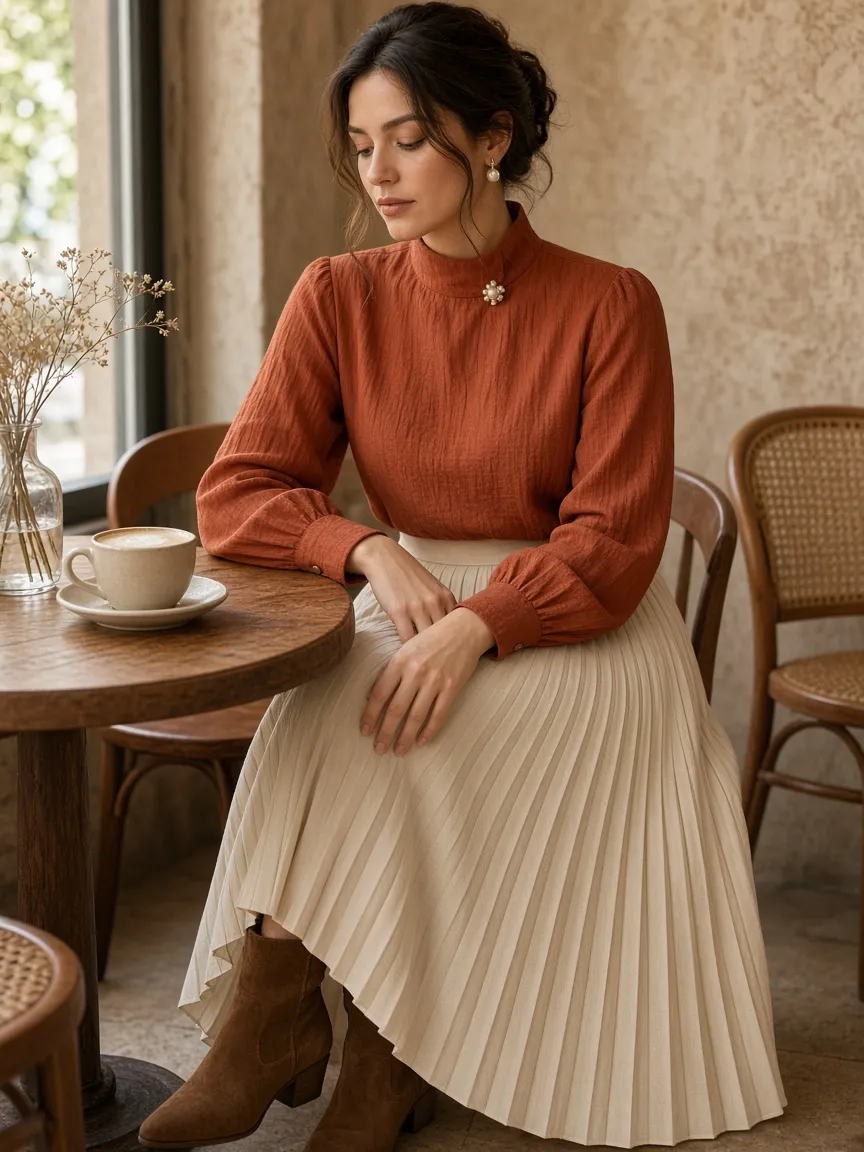Woman sitting in a cafe in a terracotta high-neck blouse with a small pearl brooch at the collar, pearl drop earrings, a long cream pleated skirt and brown suede ankle boots