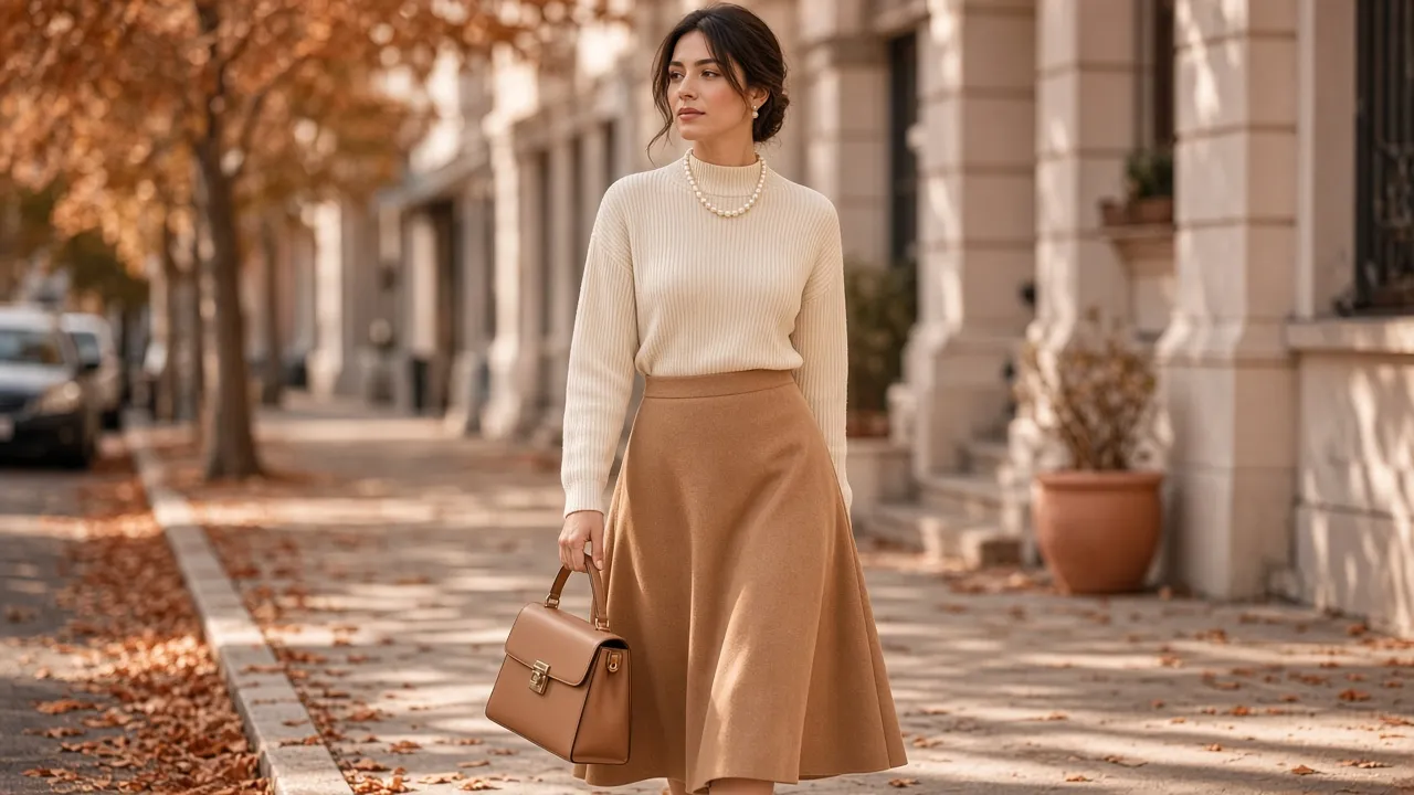 Woman walking on a sunny autumn street in a cream ribbed high-neck sweater with a single strand of pearls and pearl studs, a camel A-line midi skirt and a tan leather handbag