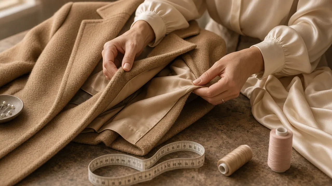 Hands checking the lining and seams of a camel wool coat beside a tape measure and thread