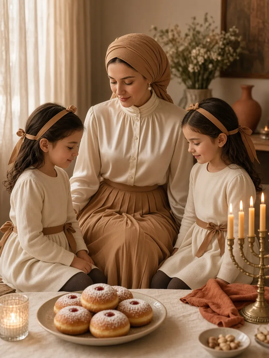 Mother and two daughters at a table with sufganiyot and a menorah, the mother in a camel pleated maxi skirt, cream high-neck blouse and camel headscarf, the girls in cream knit dresses with camel ribbon belts